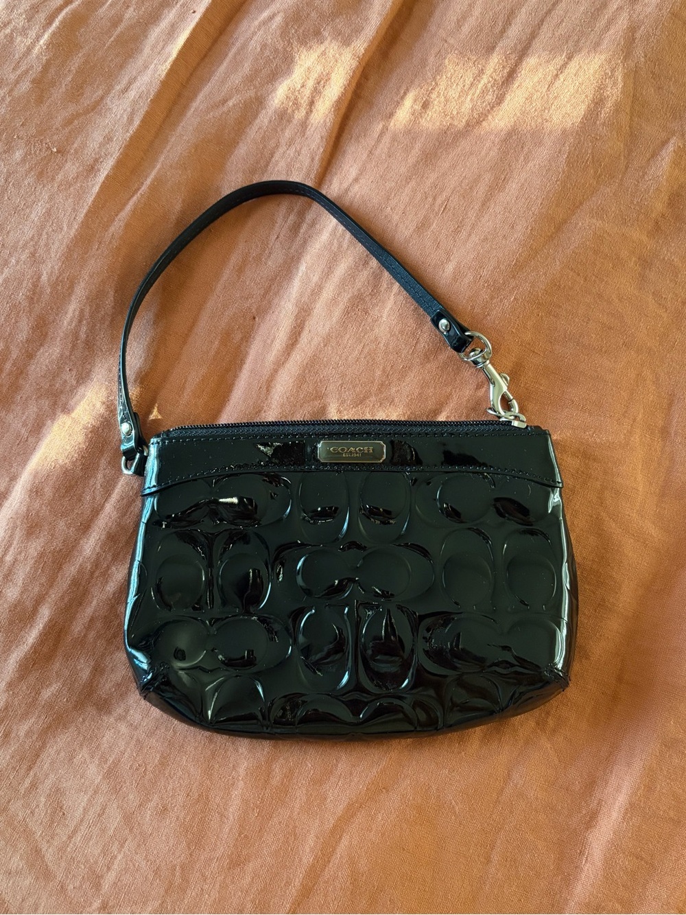 Coach Signature Black Patent Leather Embossed Wristlet